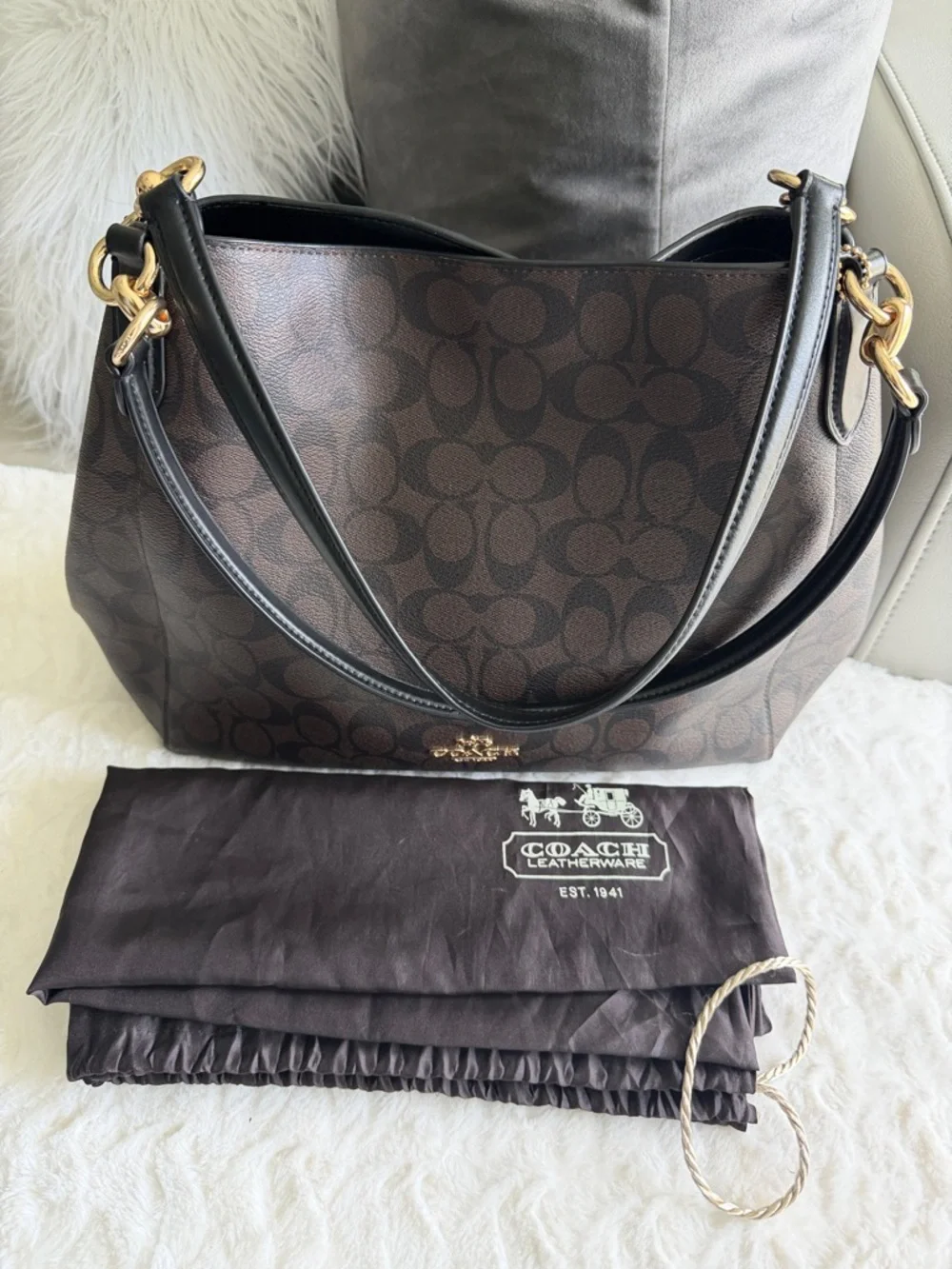 Coach Dark Brown Signature Canvas Shoulder Bag with Black Leather Straps - Picture 12 of 12